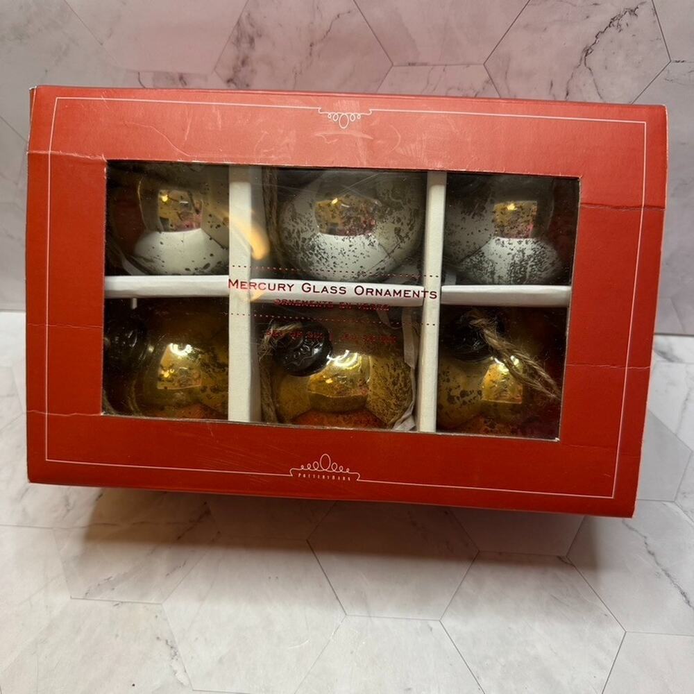 Pottery Barn Mercury Glass Christmas Ornaments Gold & Silver Set 6 in Orig Box